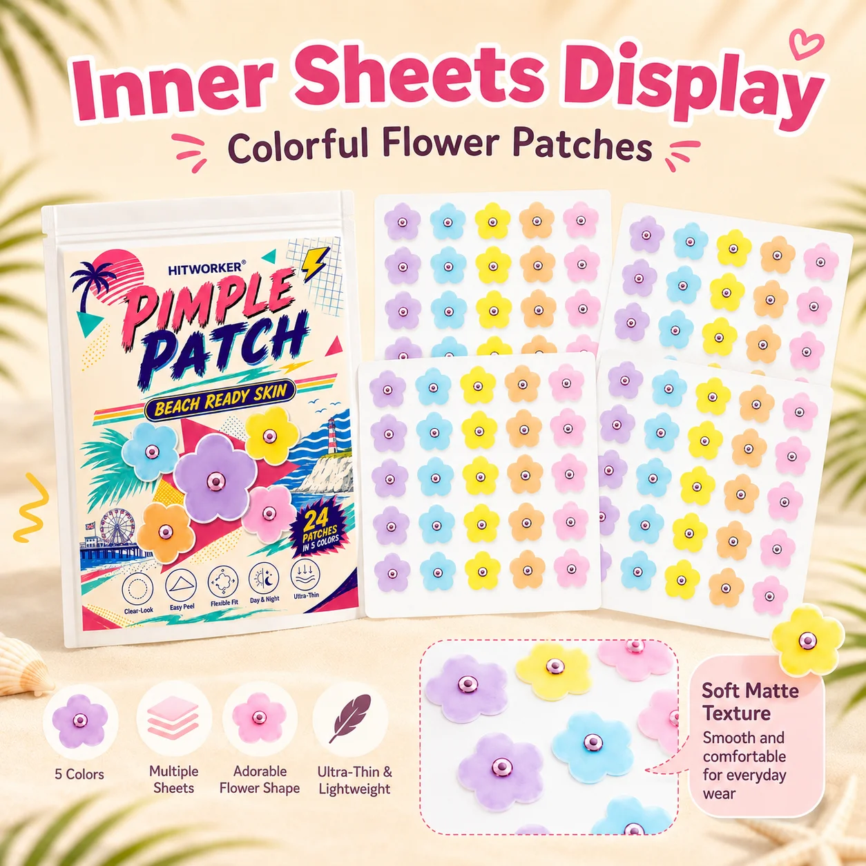 50/150 pcs HITWORKER Flower Pimple Patch, Colorful Flower Shape Patches, 5 Colors, Ultra-Thin Clear-Look Daily Care Stickers