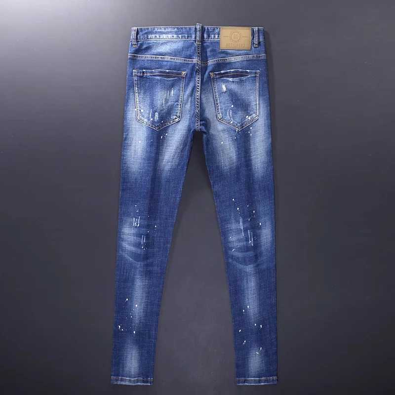 Street Fashion Men Jeans Retro Blue Elastic Stretch Slim Ripped Jeans Men Painted Designer Trousers Vintage Denim Pants Hombre