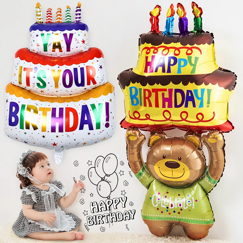 Cartoon Bear Birthday Cake Foil Balloon Color Candles 3-Layer Large Cake Balloons for Baby Shower Party Decoration Globos Balls