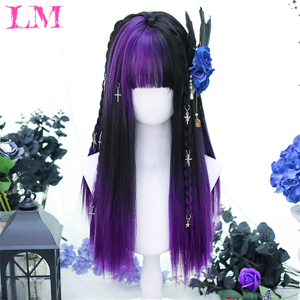 LM Purple Synthetic Wigs With Bangs for Women Long Wavy Straight Hair Wig Natural Cosplay Party Heat Resistant