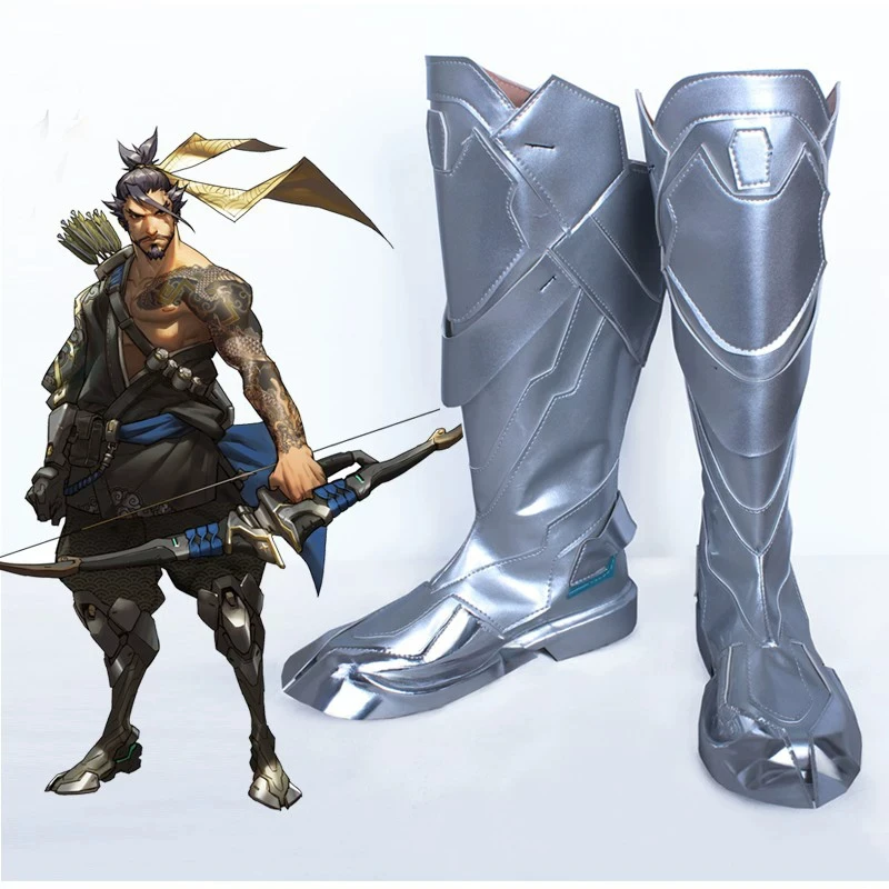 Hanzo Cosplay Shoes Boots Game OW Shimada Hanzo Cosplay Handmade Silvery PU Leather Boots