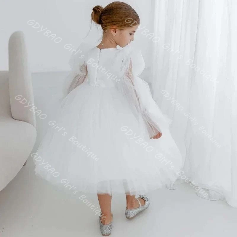 Vestido blanco de flores para niña, para boda, niños pequeños, manga abombada, vestido de primera comunión, 2-14 niños, vestido de fiesta largo hasta el té personalizado