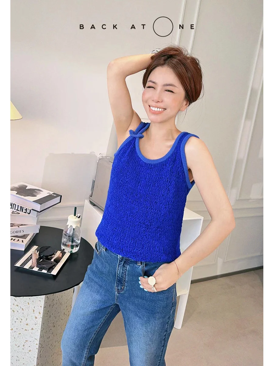 

Синий вязаный жилет в стиле Тан Цзялин, пляжный, с декоративными элементами, летний повседневный топ