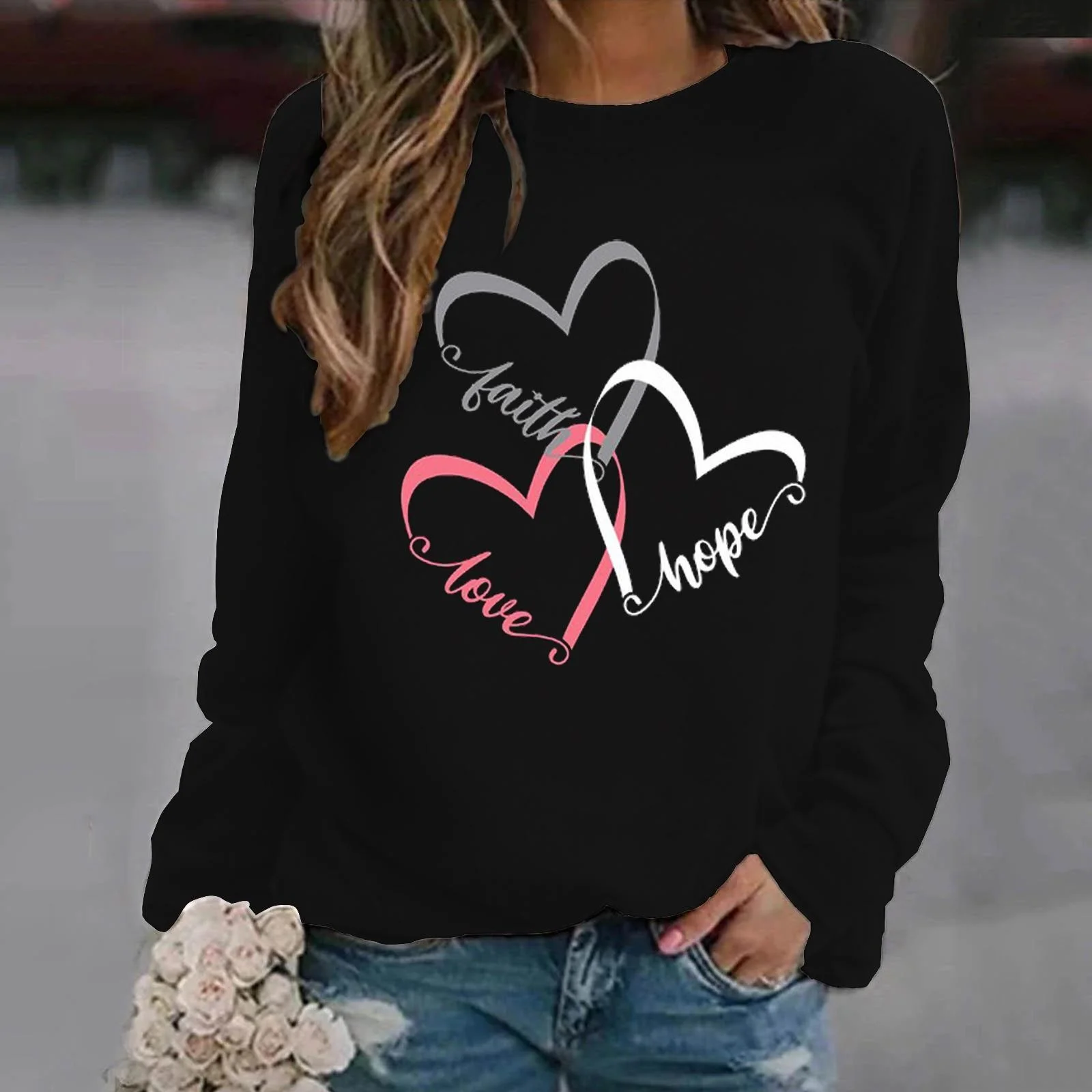 New Fashion Women's Long Sleeve Hoodless Sweater Casual Jumper Sport Faith Hope Love Print Round Neck Outdoor Tracksuit Top