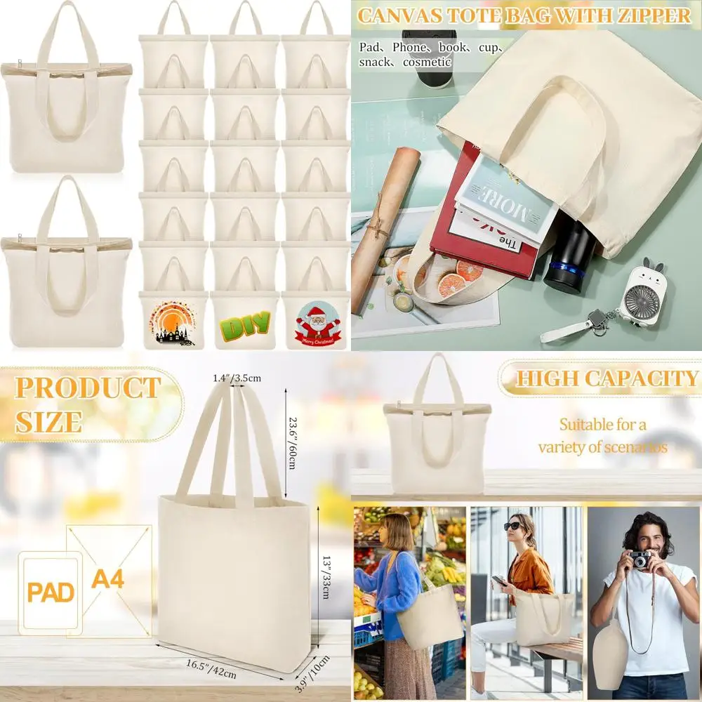 

Массовые 20 шт. 16,5x13,4 хлопковые холщовые сумки-тоут с ручками на молнии - многоразовые продуктовые косметички, простые холщовые сумки для магазина