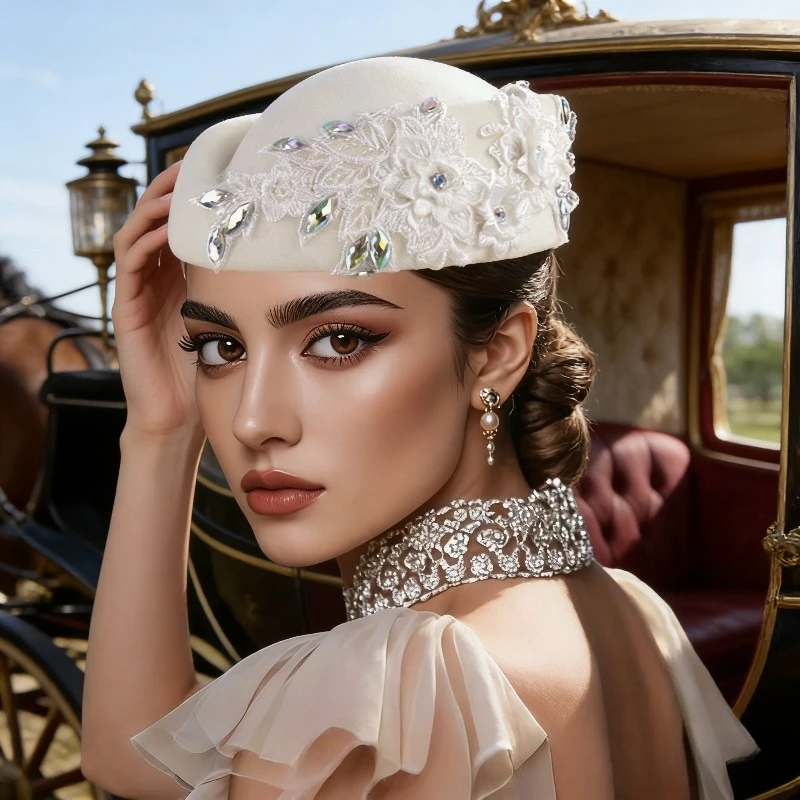 Women’s European Vintage Felt Turban Hat Church Derby Headpiece with Rhinestone Flower Soft Beret Style Cap for Formal Events