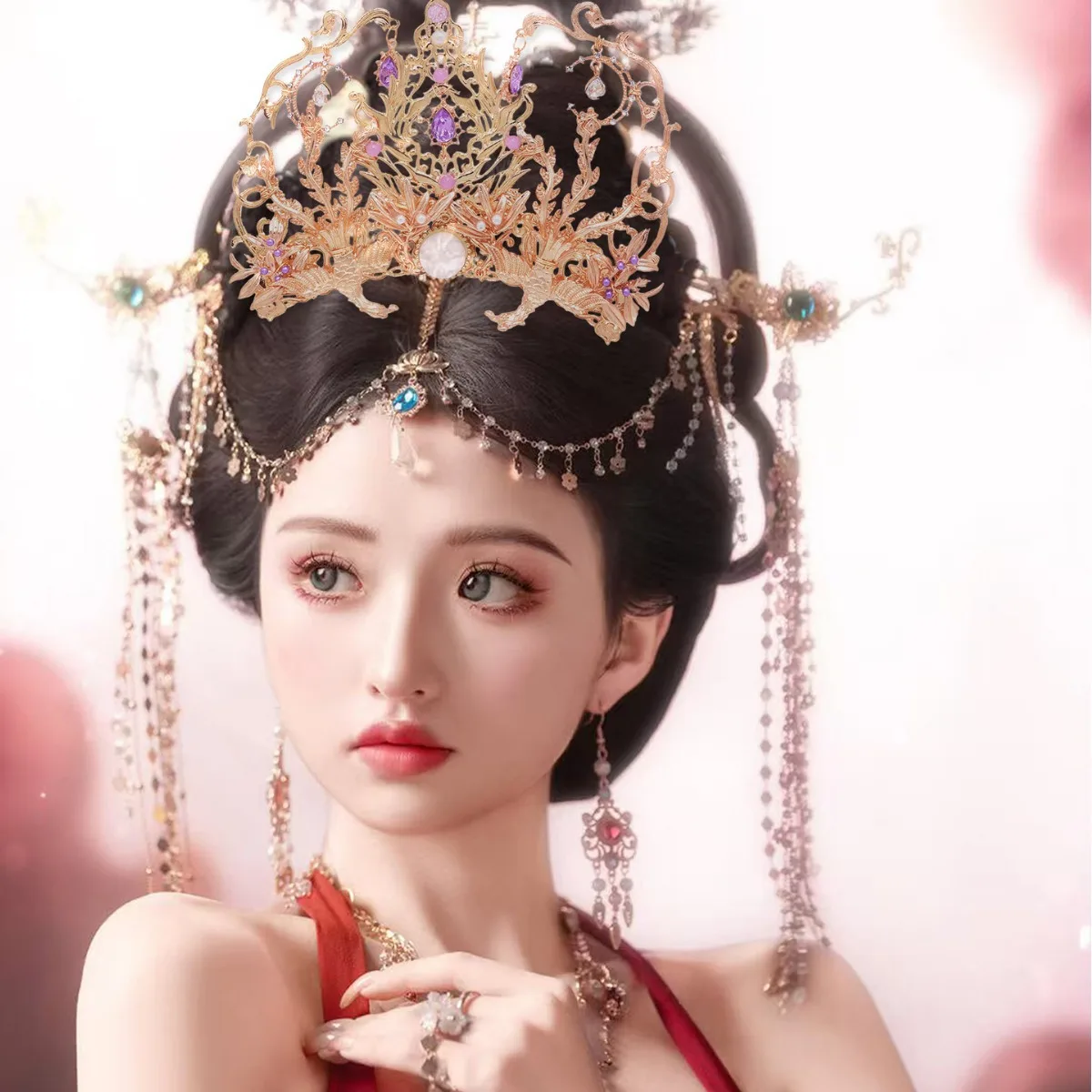 Vintage Luxury Purple Crystal Double Phoenix Playing Pearl Crown Chinese Bride Wedding Hair Accessories for Women Hair Jewelry