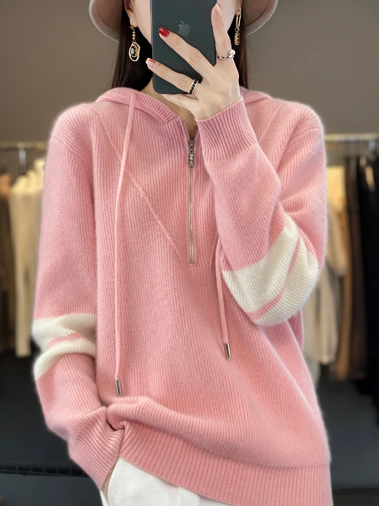 2024 Autumn Winter Women 100% Merino Wool Sweater Loose Hooded Thick Knitted Pullover Casual Multicolor Zipper Cashmere Tops