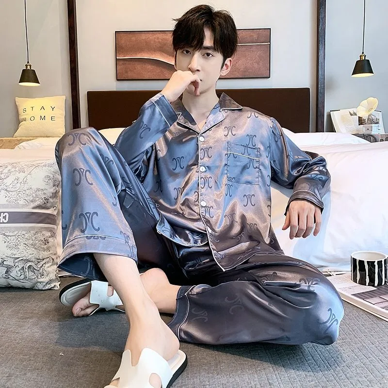 Spring Autumn Men Pajamas Long-Sleeved Trousers Lapel Cardigan Jacquard Ice Silk Male Homewear Large Size Leisure Sleepwear Suit