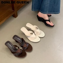 Women Satin Wedge Heels Thong Mules Retro Soft Silk Slip On Flip Flops Sandals Summer Party Beach Platform Slides Shoes Vacation