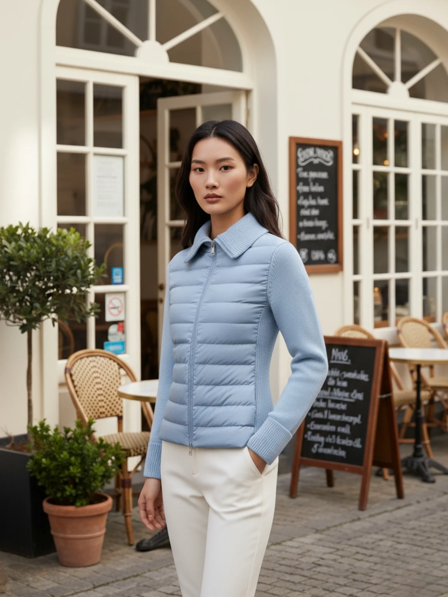 

Утепленный кардиган Slim Fit из легкой вязаной ткани с пэчворком, на белом гусином пуху, короткий фасон, на молнии, цветной