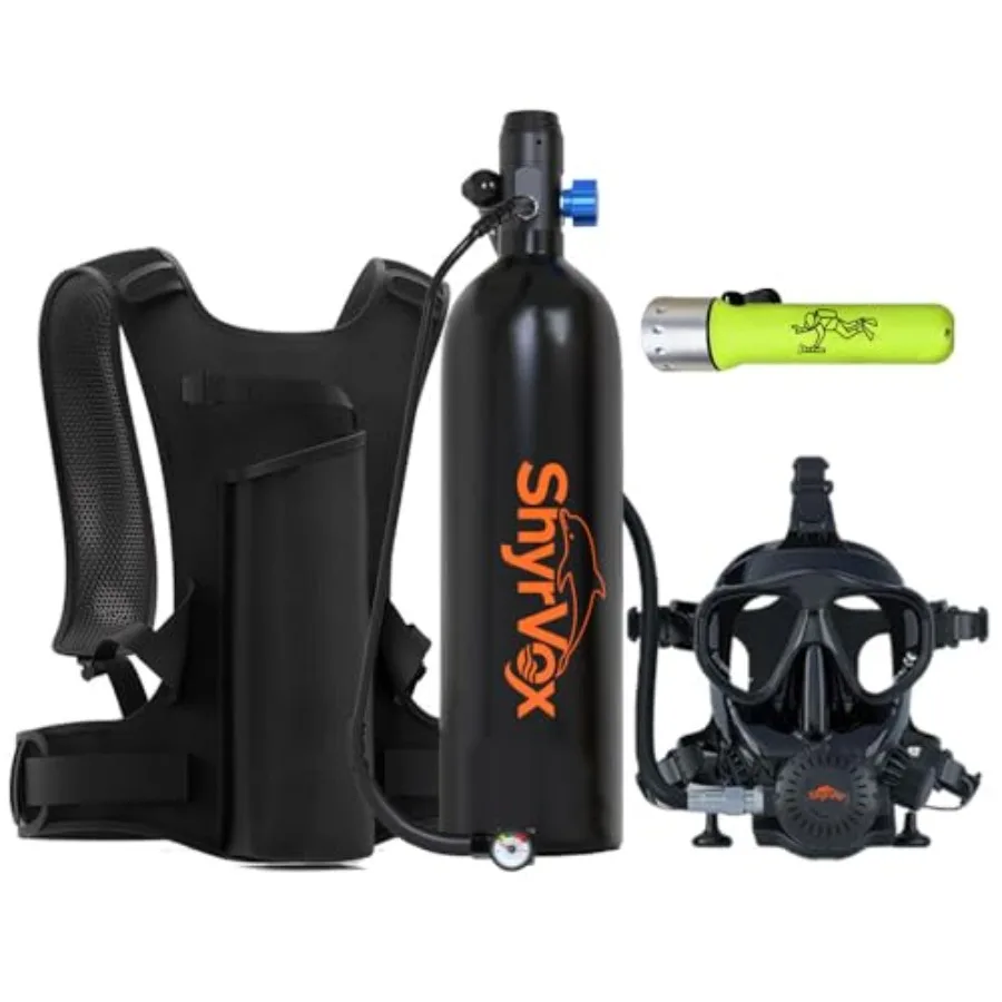 

Mini Scuba Tank for shore snorkeling and recreational diving, aluminum alloy, black, 1.9L capacity at 200bar pressure, includes