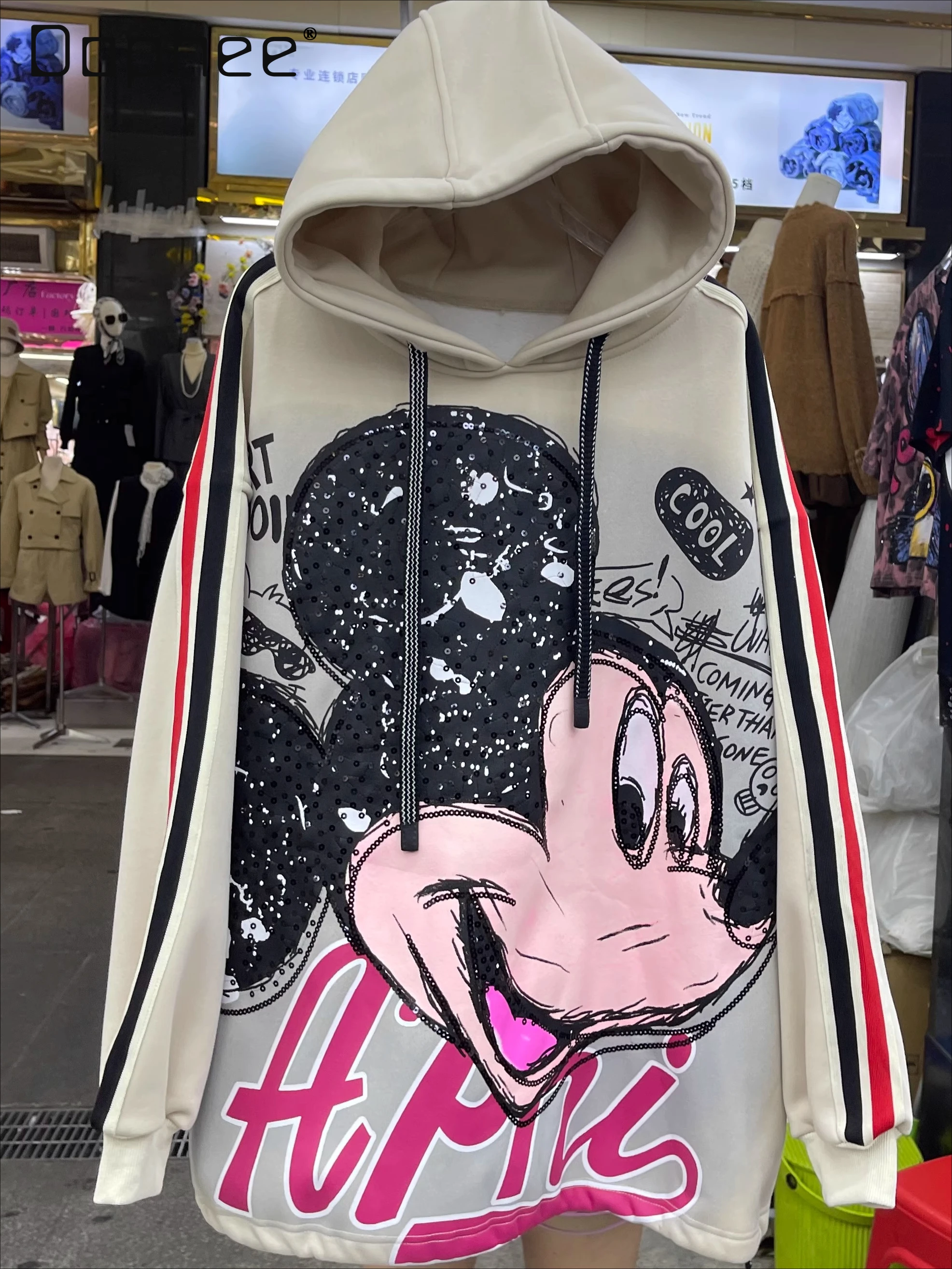 

Trendy Brand Fleece-Lined Hooded Jacket for Women Heavy Craft Print Cartoon Sequin Street Style Oversized Sweatshirt Fall Winter