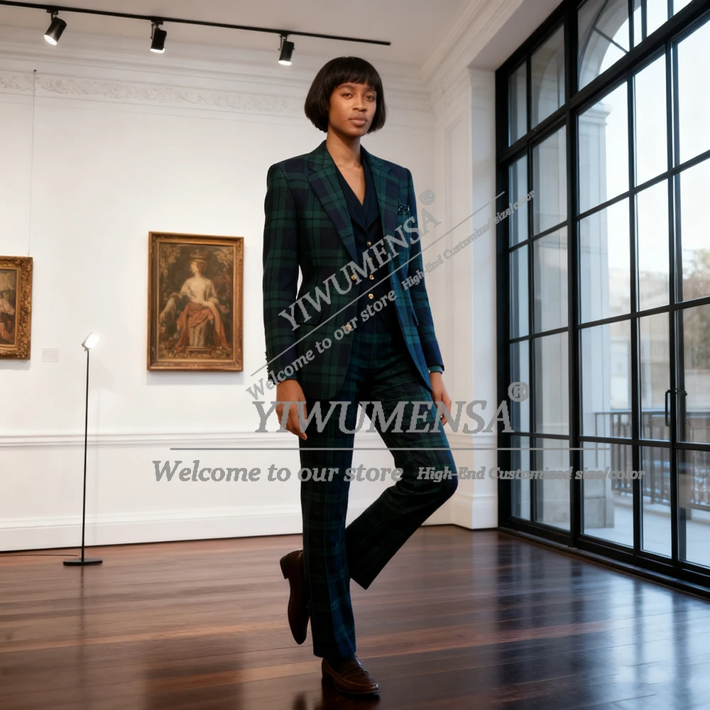 Costume à carreaux bleu marine pour femmes, ensemble 3 pièces, blazer à simple boutonnage, robe de mère de la mariée personnalisée, tenue de fête d'affaires