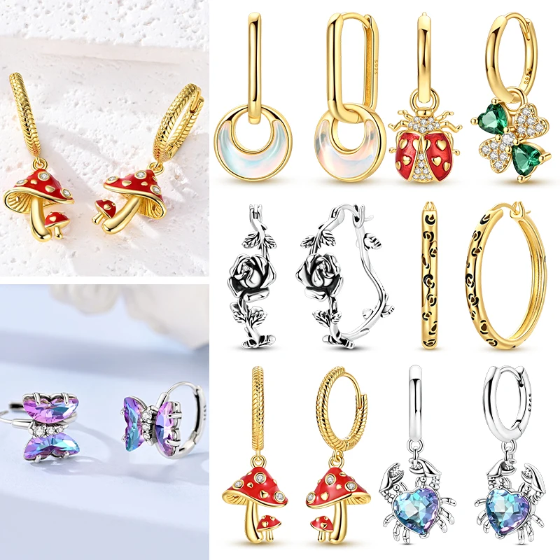 New 925 Sterling Silver Hoops Earrings  Golden Four-leaf Clover Heart Mushroom Earring High Quality Jewelry Gift for Women Girls