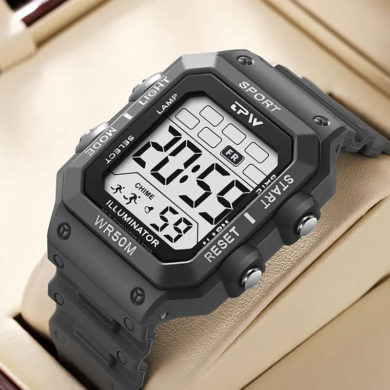 Outdoor Sports Trend Square Watch Large Electronic Screen Display Digital Wristwatch 50M Waterproof Shock-Resistant LED Clock