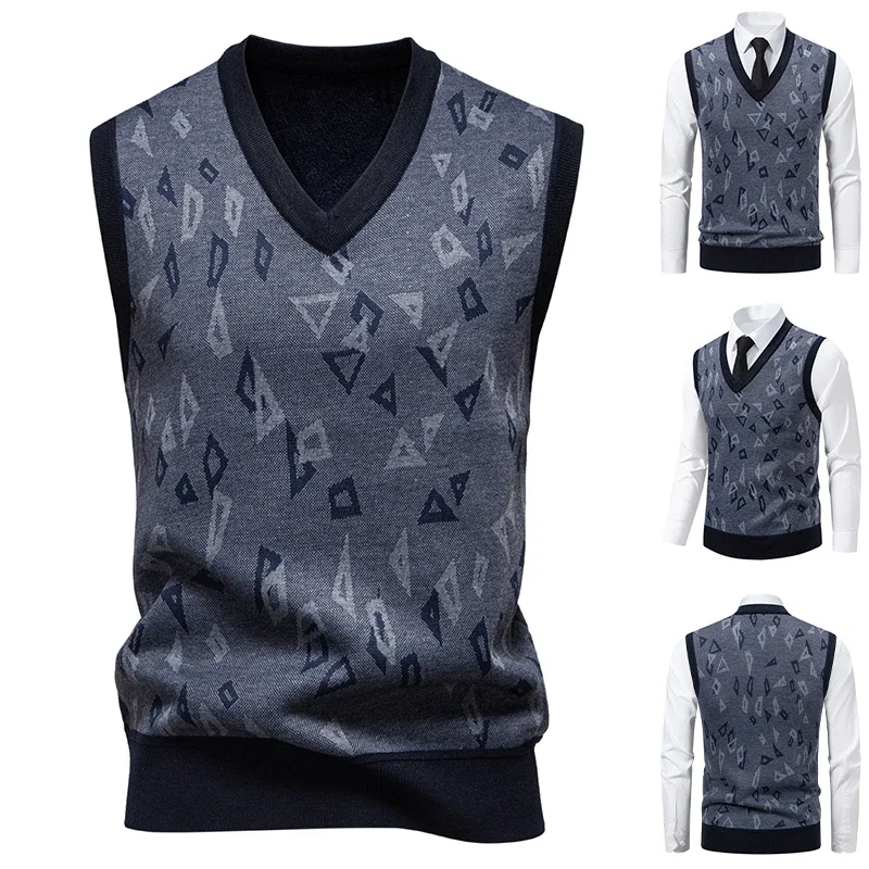 2025 Men's V-neck Knitted Sweater Warm Autumn Winter Diamond Grid Twisted Flower Casual Fashion Versatile Knit Top