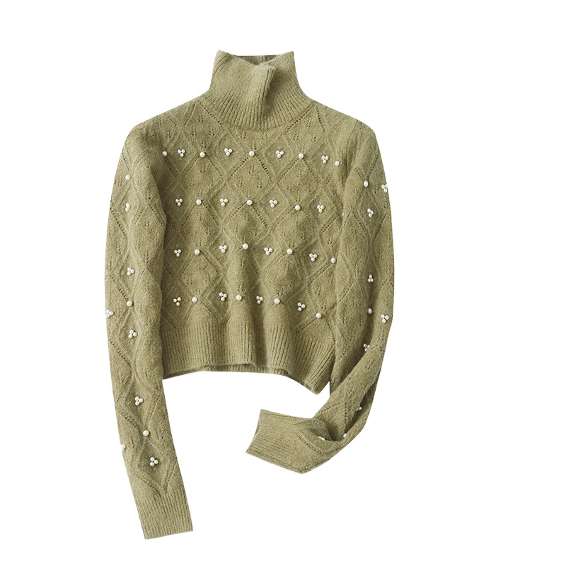 

Свитер с бусинами для ногтей, осень-зима, новый женский короткий топ с высоким воротником, модный однотонный универсальный пуловер с длинными рукавами