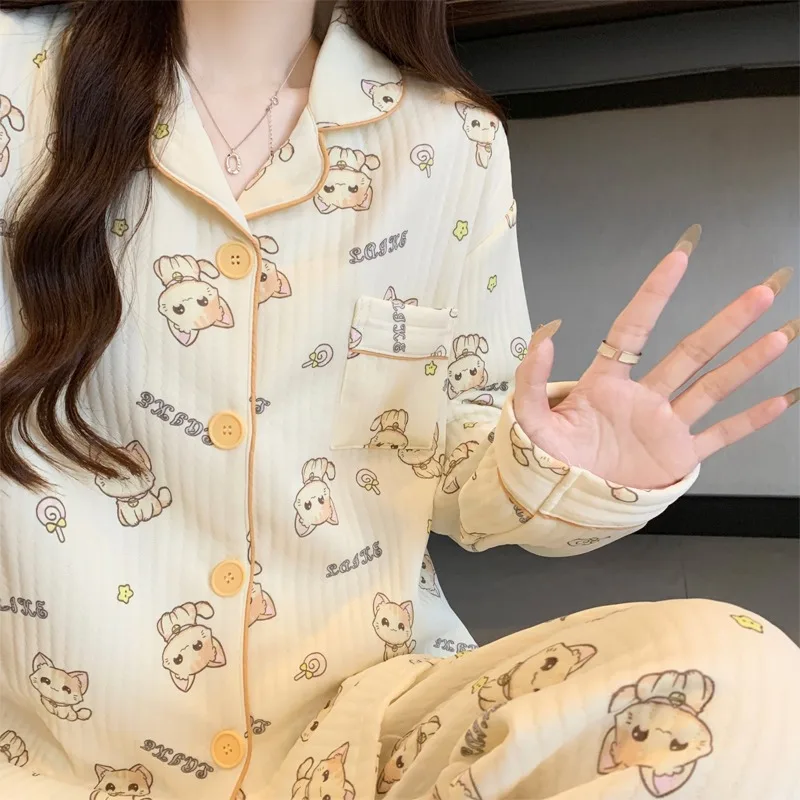 Autumn Winter Warm Women Pajamas 2 Piece Heart Print Nightwear Lapel Neck Long Sleeve Sweet Cute Sleepwear Loungewear Suit