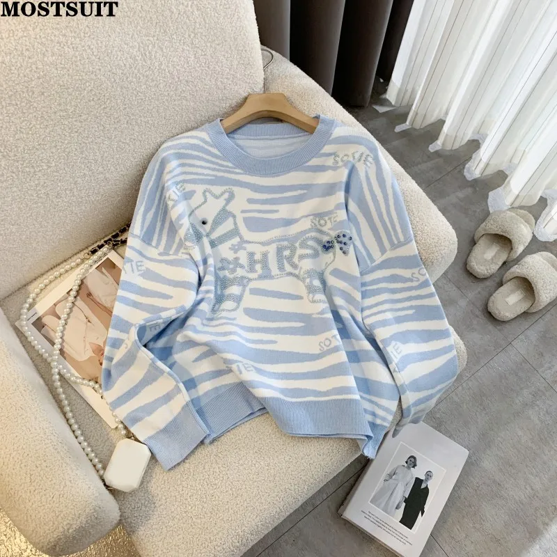 

Rhinestones Loose Sweater Women Autumn Winter Zebra Stripe Jacquard Casual Fashion Ladies Pullover Top Long Sleeve O-neck Jumper