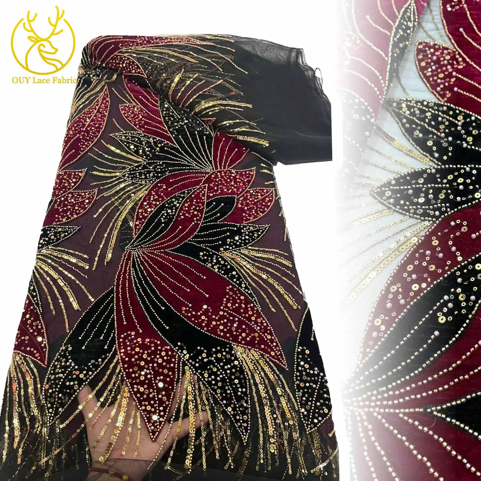 

2025 New Design Luxury Delicate Gold Sequin Fabric African Velvet Beaded Lace Fabric Suitable For Ladies Wedding Party Dresses