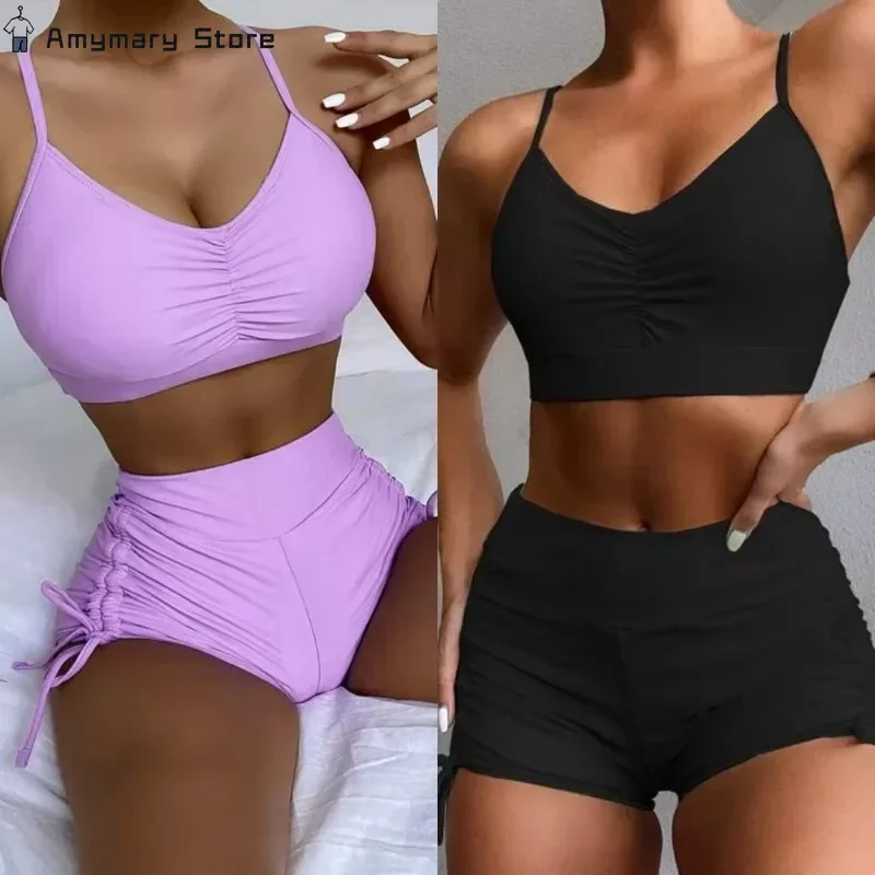 

Summer Women's Solid Color Bikini Suit Sexy Slim Small Chest Gathered Bra+bandage Tight Shorts Seaside Holiday Beach Swimsuit