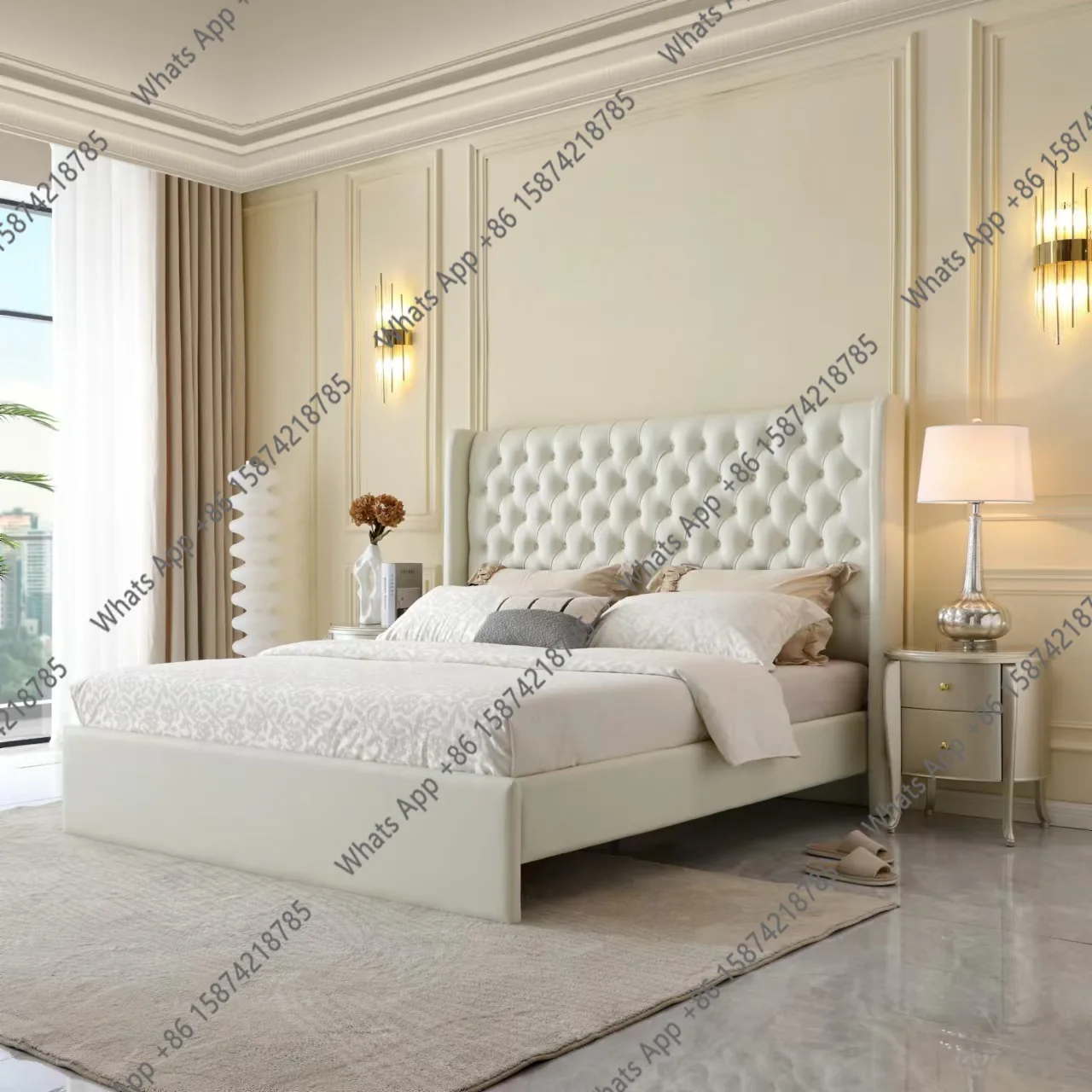 American light luxury soft bag bed 1.8 meters master bedroom double bed French buckle soft test bed leather wedding