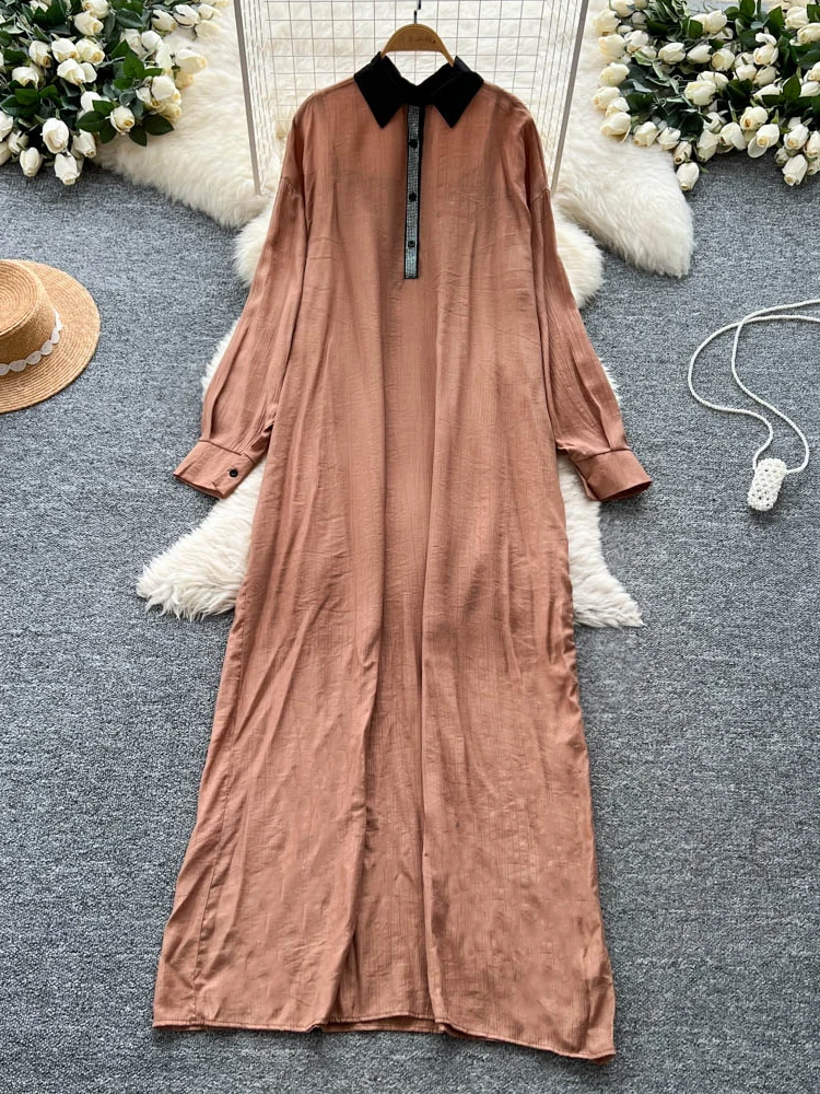 Elegancki, bogato zdobiony kołnierzyk, długi rękaw, długość do kolan, wyszczuplający, casualowy damski drukowany poliester, wysoki stan, krój A...