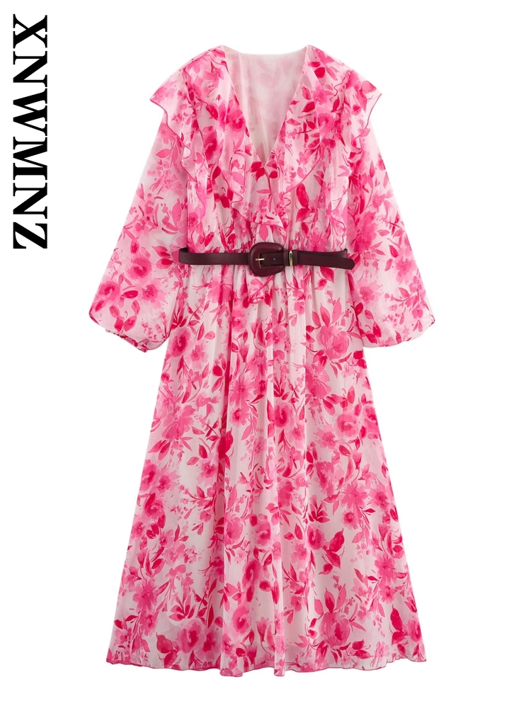 

XNWMNZ 2025 Summer New Woman Elegant V-Collar Midi Skirt Dresses Trendy Lady Long Sleeve Dress Print Regular Fit belt Top Floral
