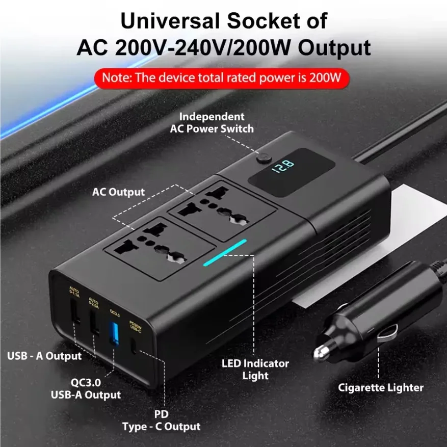 

Car 220v Inverter 12 to 220 Voltage Power Converter 200W for 12V Vehicles