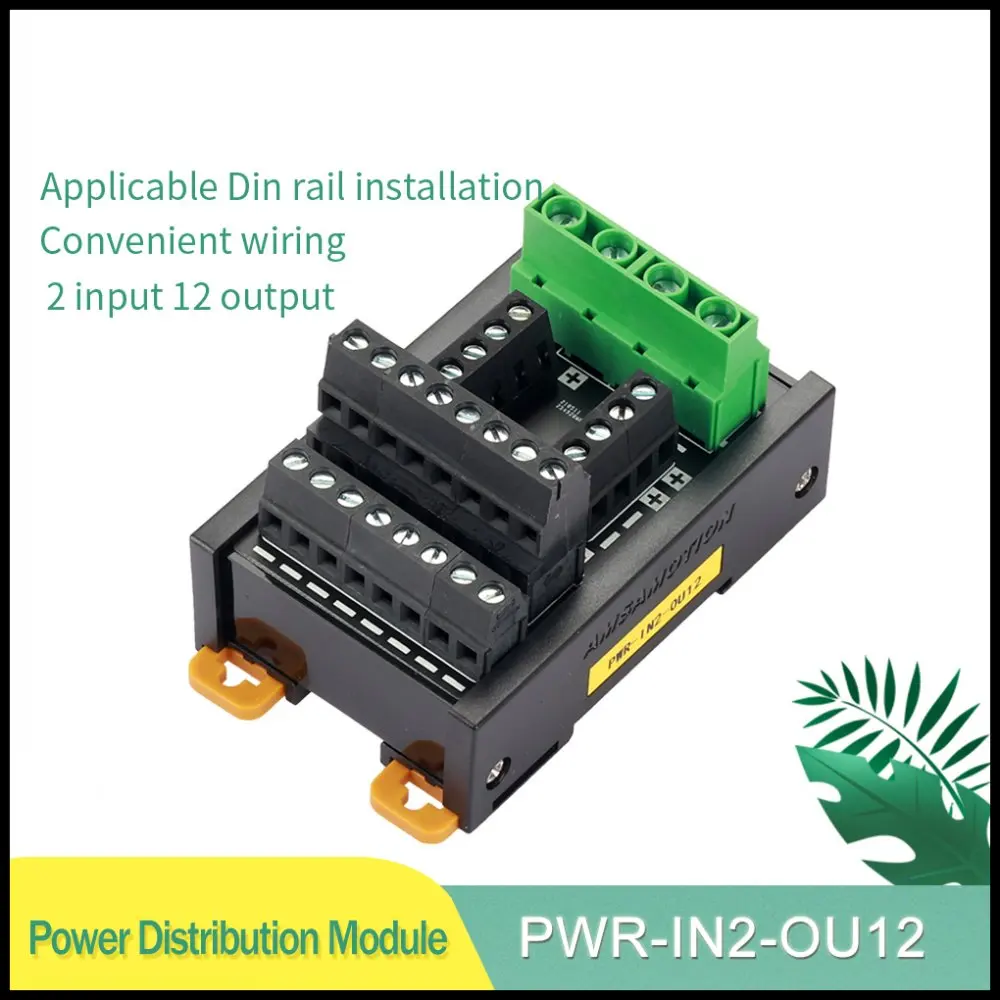 CNC PLC Power Splitter Distribution 2 input 12 output DIN Rail Mount Screw Terminal Block Split Box PWR-IN2-OU12 Repeater