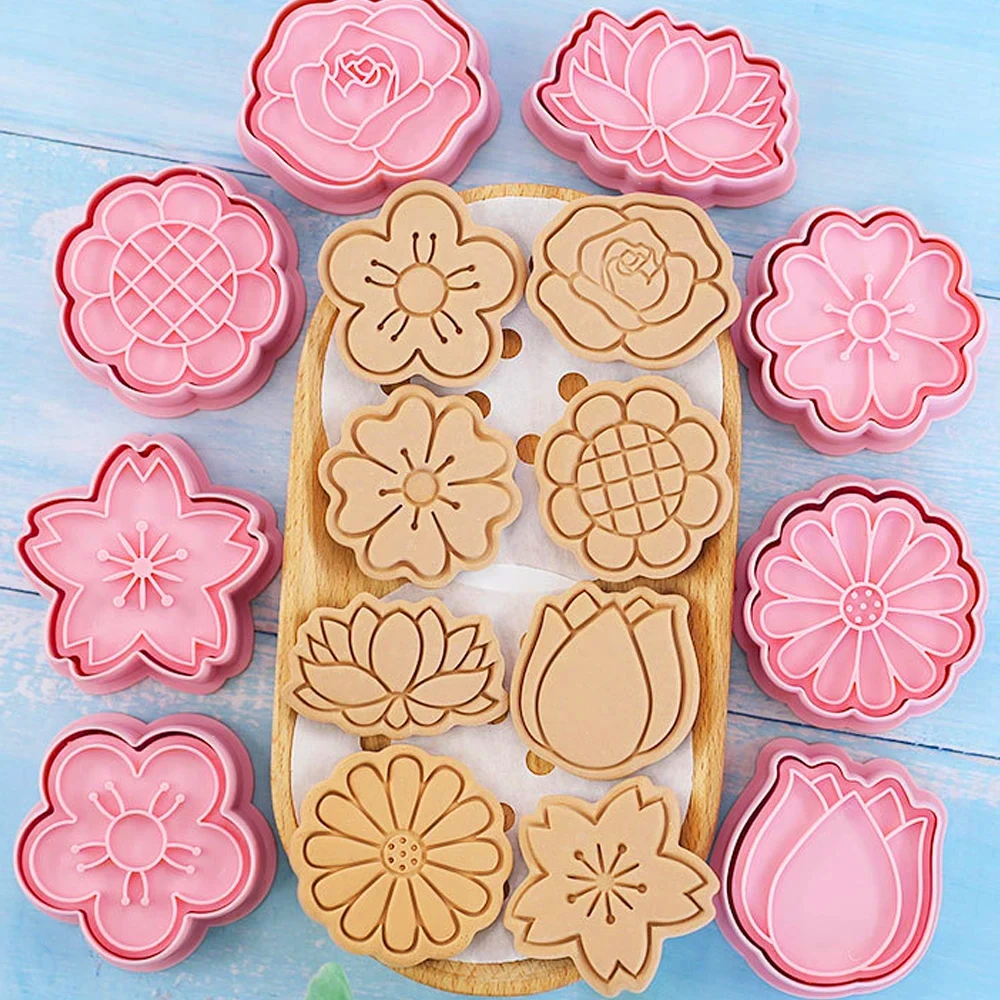 8Pcs Flowers Cookies Cutters Plastic Cartoon Pressable Biscuit Mold Confectionery Cookie Stamp Kitchen Baking Pastry Tools