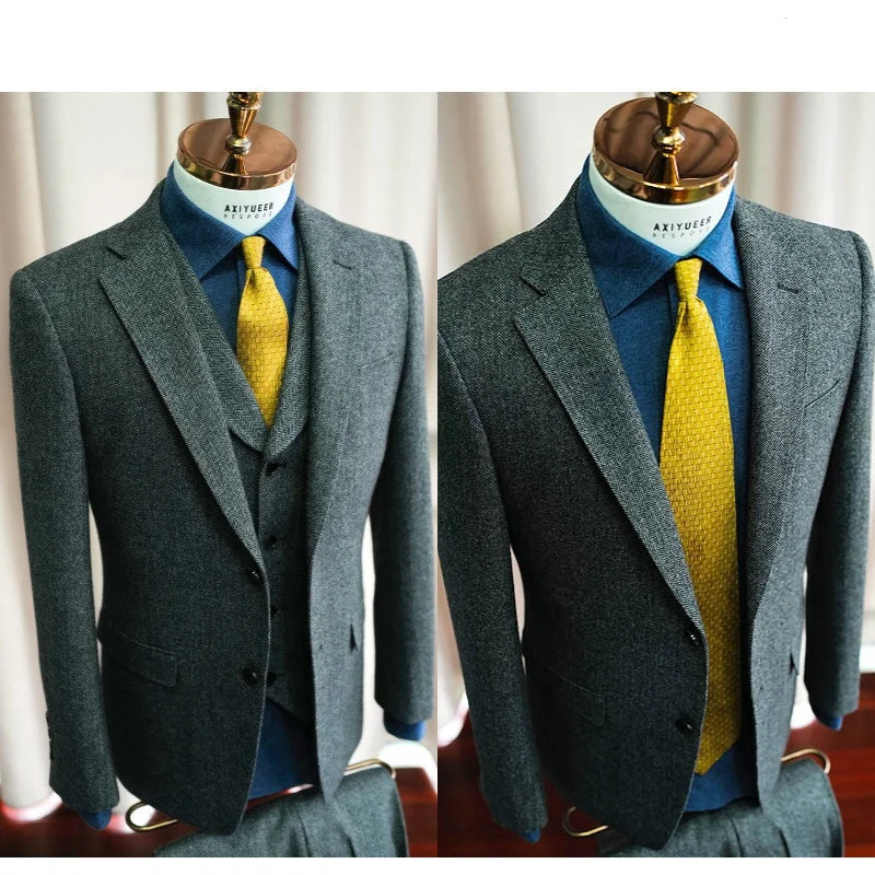 

Retro Herringbone Suit Men 3-piece Set (vest+jacket+pants) Single Breasted British Slim Fit Formal Attire Groom's Wedding Dress