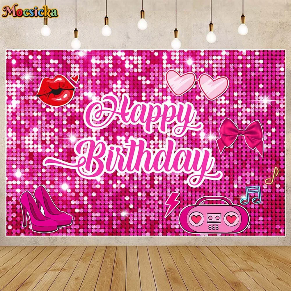 

Mocsicka Pink Sequins Wall Birthday Backdrop High Heels Make Up Girl 16th Birthday Party Decor Photo Background Banner Photocall