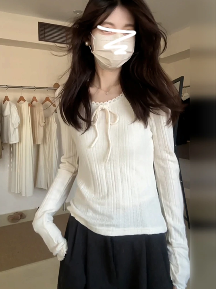 

Sweet Lace Knot White Knitted Long Sve Women's Slim Fit Base Layer Lazy Sle Inner Wear Sweater Spring Autumn