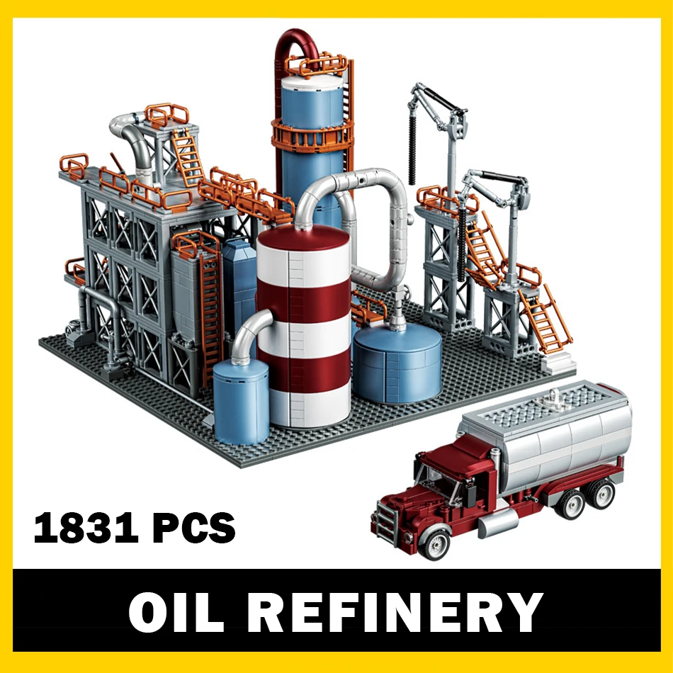 MOC City Street View Building Blocks Oil Refinery Chemical Factory Transport Station Model Construction Bricks Toys Kids Gifts