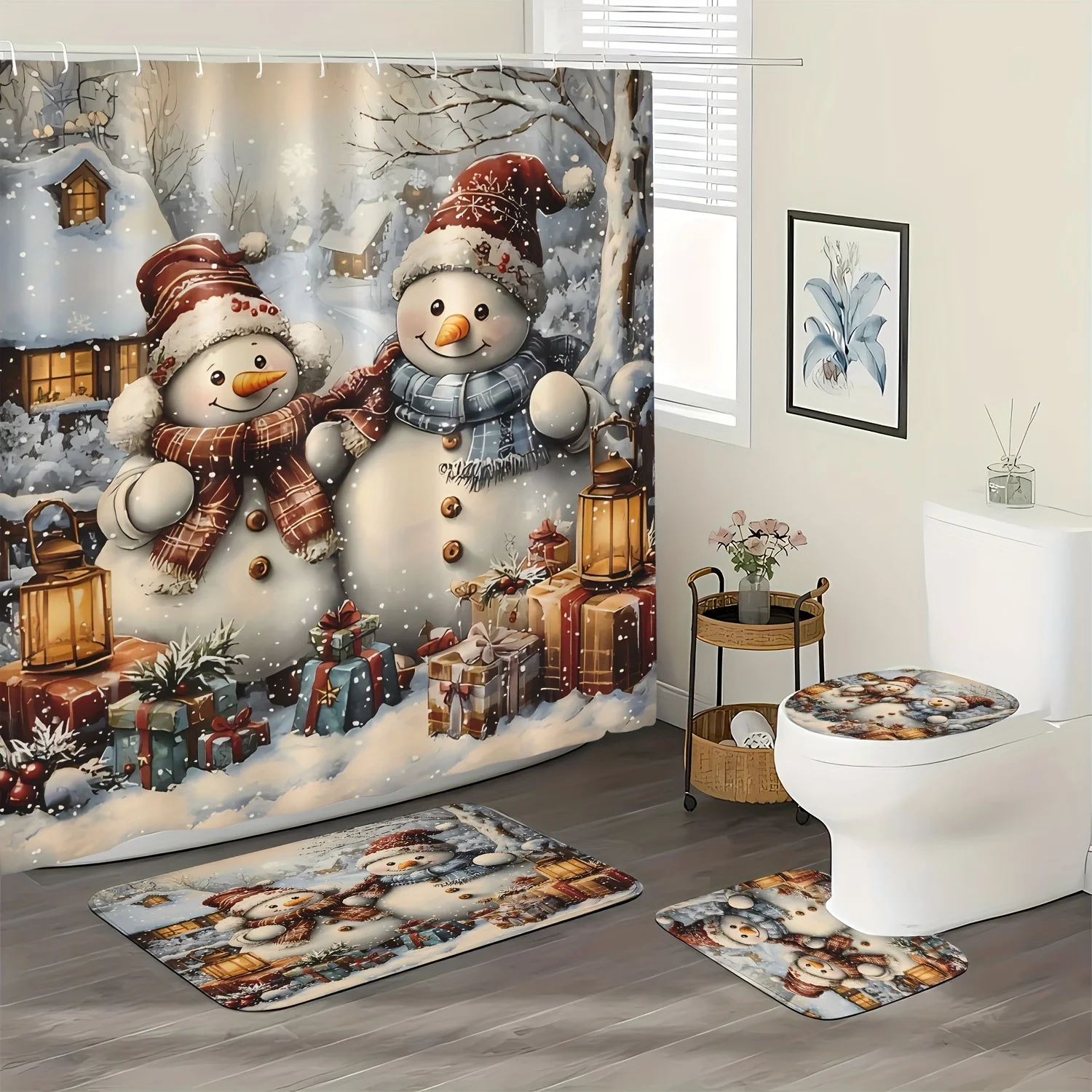 4PCS Christmas Shower Set – Cozy Snowman Print 12 Hooks Included Bath Decor – Holiday Decoration