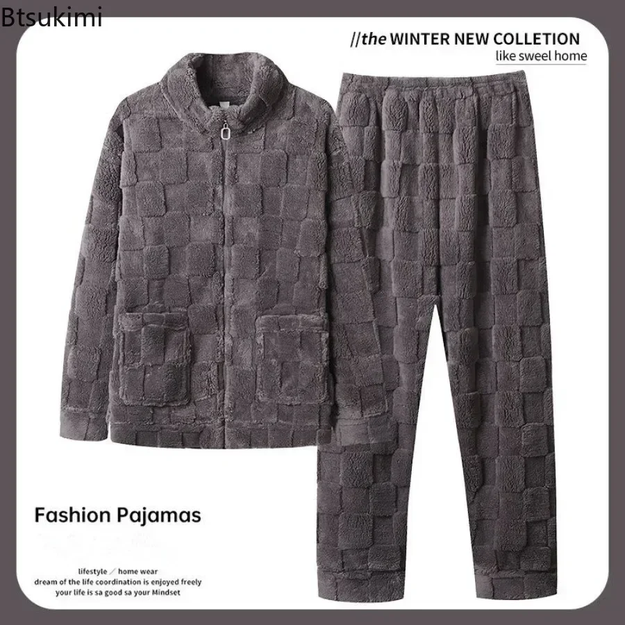 2026 Men's Flannel Long Sleeve Pajama Sets Autumn Winter Fashion Coral Fleece Soft Warm Sleepwear 2 Pieces Male Lounge Home Suit