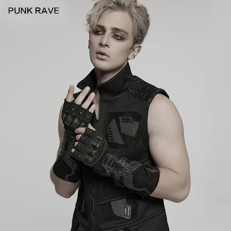 فاسق الهذيان الرجال Cyberpunk مطاطا محبوك و قفازات منسوجة المعصم الأسود المطاط درع بقع وسيم الجدة اكسسوارات 1 زوج #2