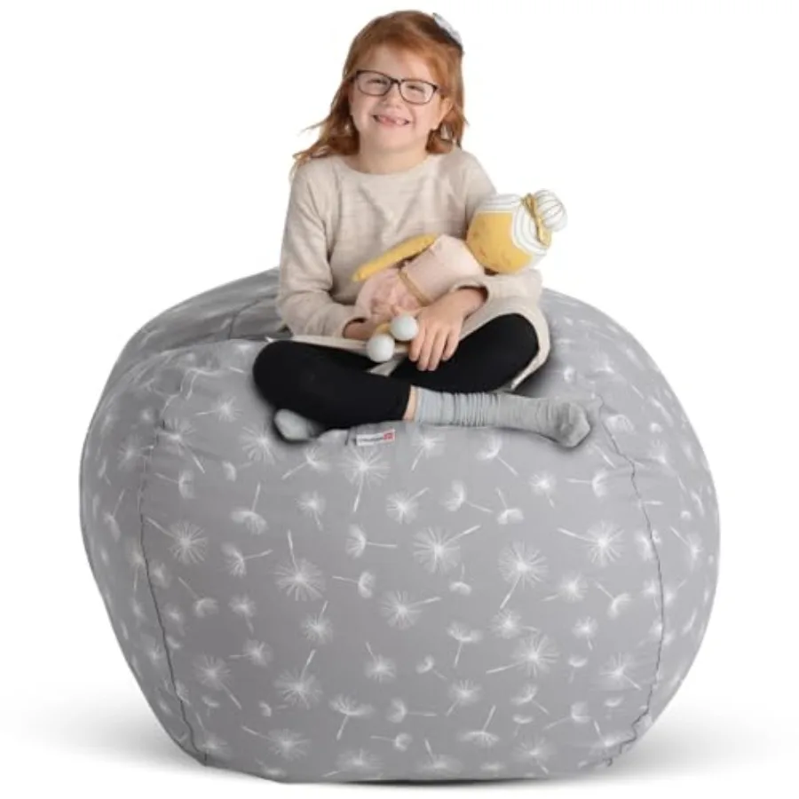 

Large 33Inch Gray Dandelion Bean Bag Chair Cover with Integrated Toy Storage Organizer and Stuffed Animal Storage Solution for