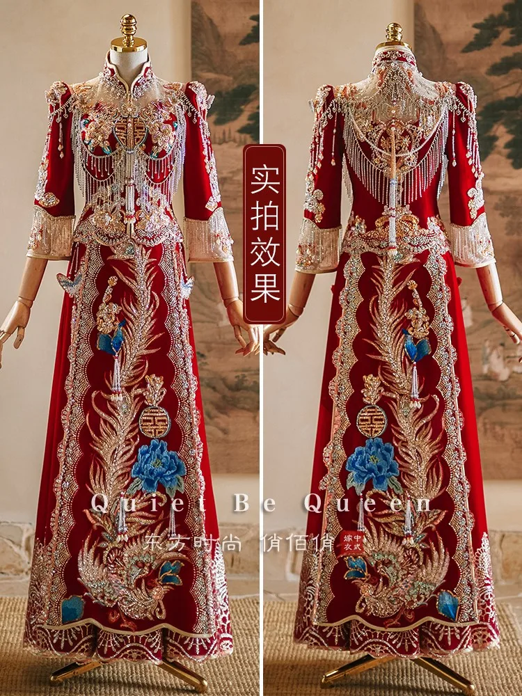 New luxurious dragon and phoenix Chinese-style crown red wedding dress