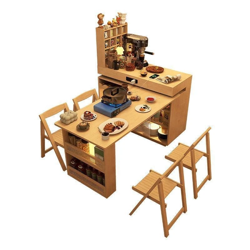 Rotating island table, dining table integrated foldable side cabinet, household log wind bar table