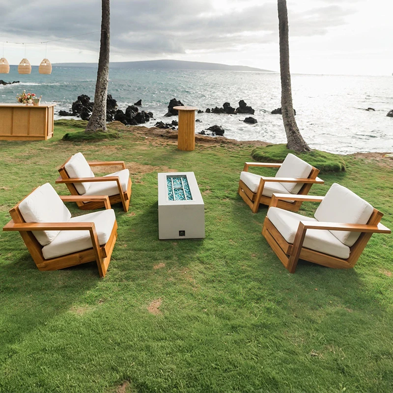 #Villa Outdoor Teak Sofa Courtyard Garden Hotel All-weather Leisure Waterproof And Sunscreen Patio Coffee Table Furniture