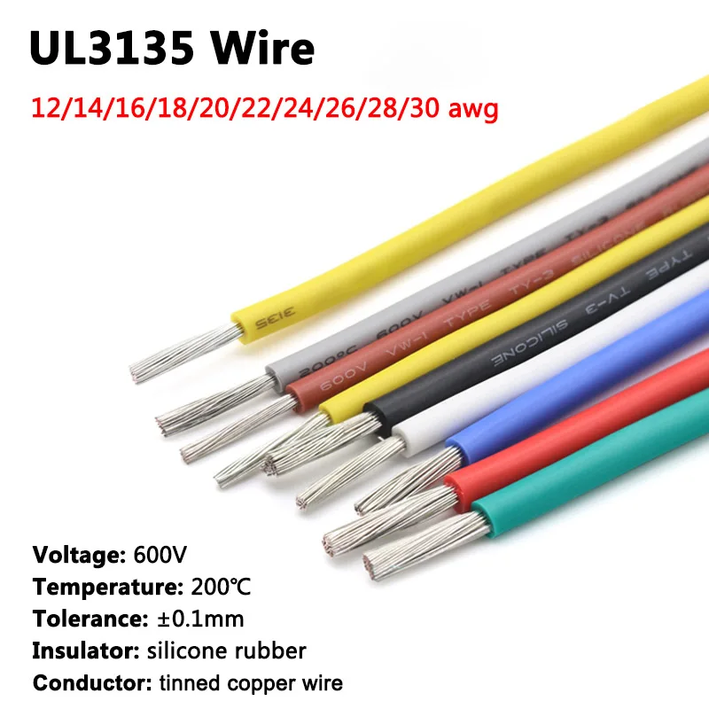 

1M 30 28 26 24 22 20 18 16 14 12 10 AWG UL3135 Wire Cable High Temperature Resistant Flexible Silicone Electronic Copper Wire