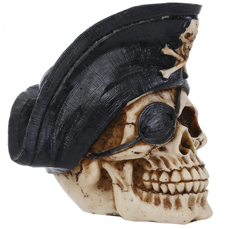 

5.5" Skull with Pirate Hat Halloween Resin Skull One-Eyed Pirate Resin Figurines for Home Decor