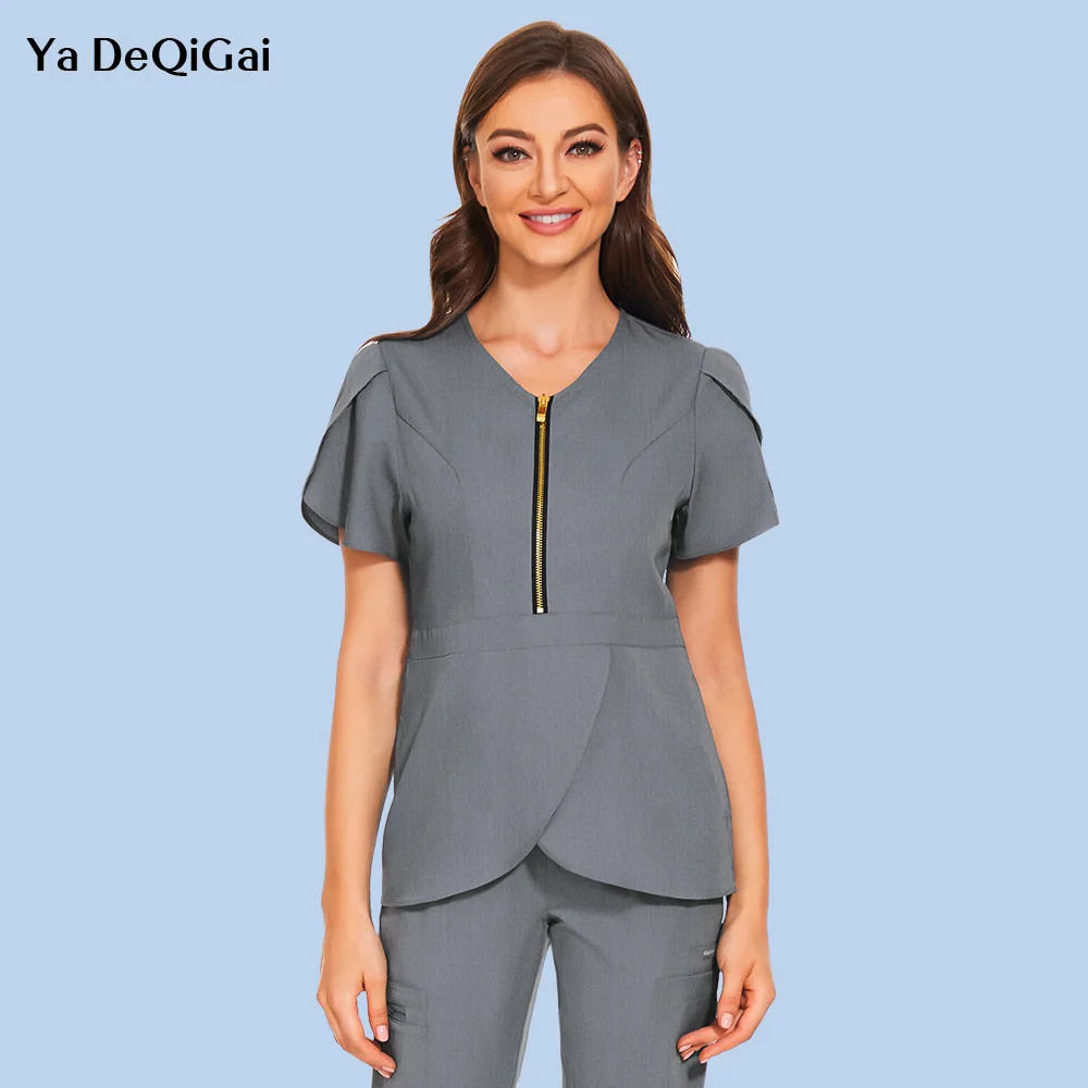 Women Solid Color Nurse Uniform Short Sleeve V-Neck Tops Oversized Scrub Shirt For Female Care Worker Healthcare Cic Clothes