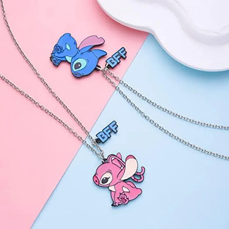 Disney Stitch & Angel Pendant Necklaces for Women Men Sweet Puzzle Heart Necklaces Keychain Accessories Gifts for Birthday Party