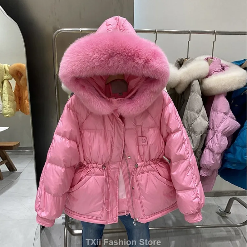 Korean New Winter Women White Duck Down Jacket Real Large Fox Fur Collar Coat Thick Warm Streetwear Female Parka Snow Outwear