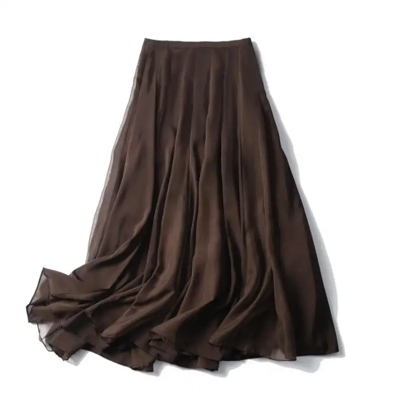 Maxdutti Minimalist And Lazy Coffee Colored Women's Skirt Temperament Southern France Swing Woman Clothing Pleated Midi Skirt