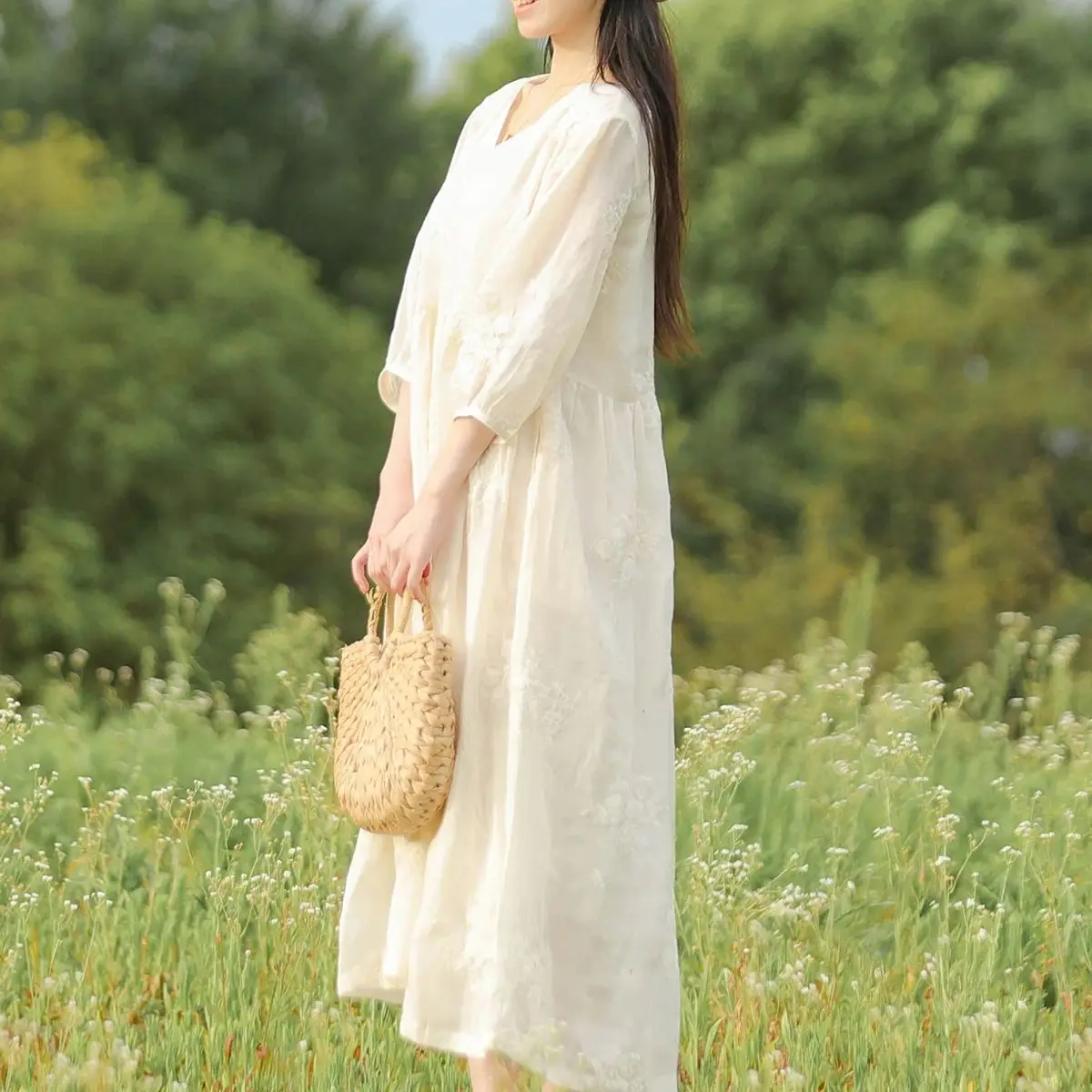 LZJN Vestido de ramie de camada dupla de cintura alta com mangas de comprimento médio, decote em V, vestido longo elegante bordado estilo francês emagrecedor